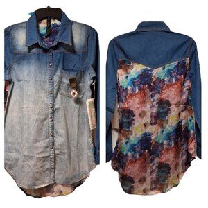 Aratta Bianca Chambray Denim Floral Button Up Shirt with Brooch sz S NWT